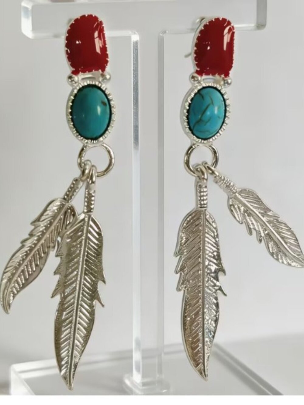 Turquoise & Coral for Feather Drop Earrings Native American Artisan Statement